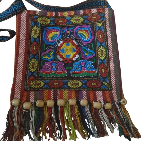 Boho Hippie Embroidered Beads Fringe Textile Cross-Body Purse Bag Multicolored - Picture 5 of 9